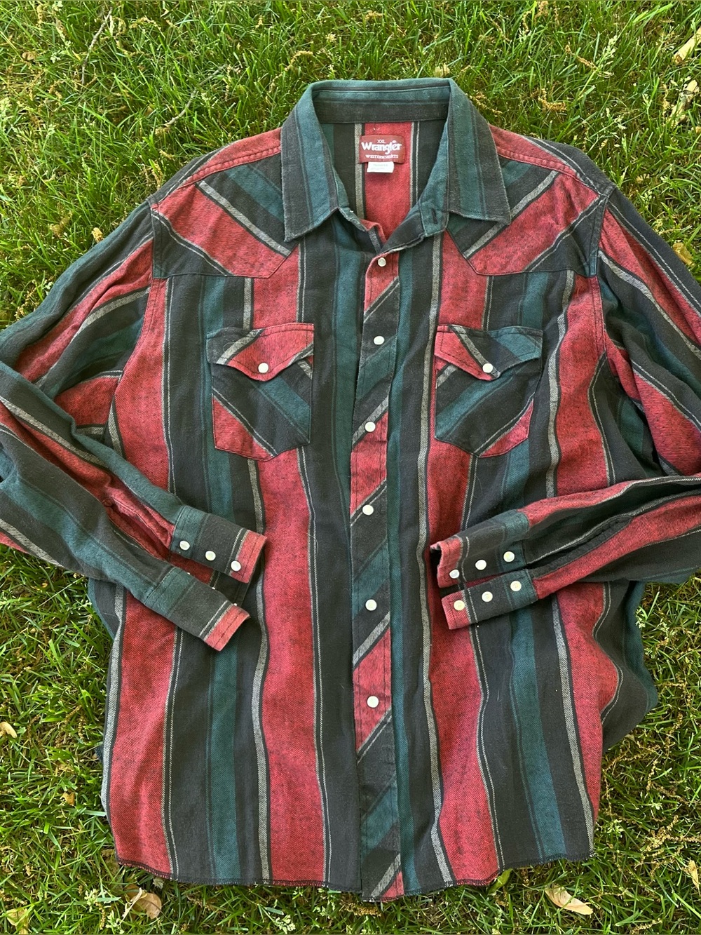 Wrangler Western Shirt Mens XXL Red Blue Stripe Pearl Snap, vintage, cowboy, 90s